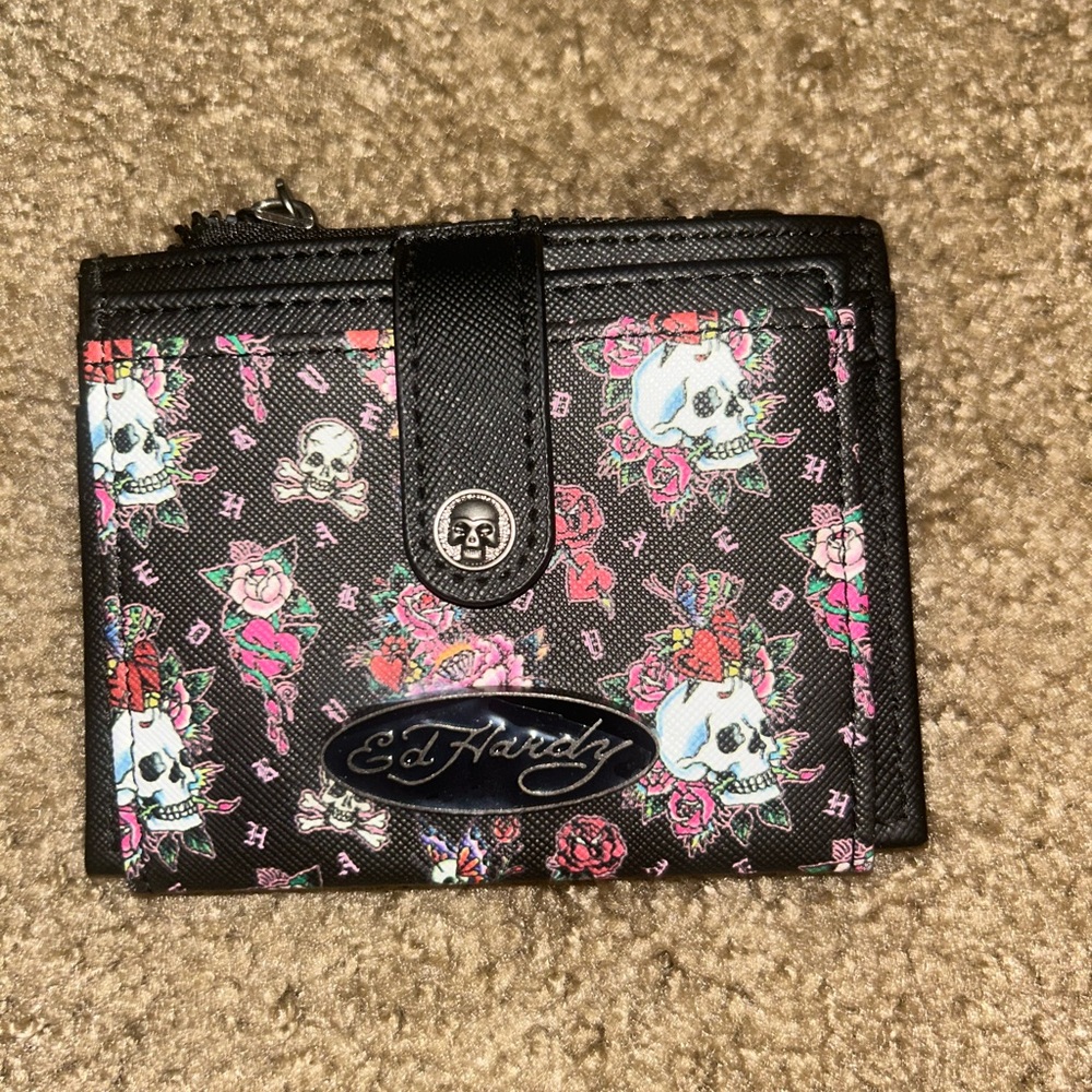Ed Hardy Black Card Holder with Pink Logo